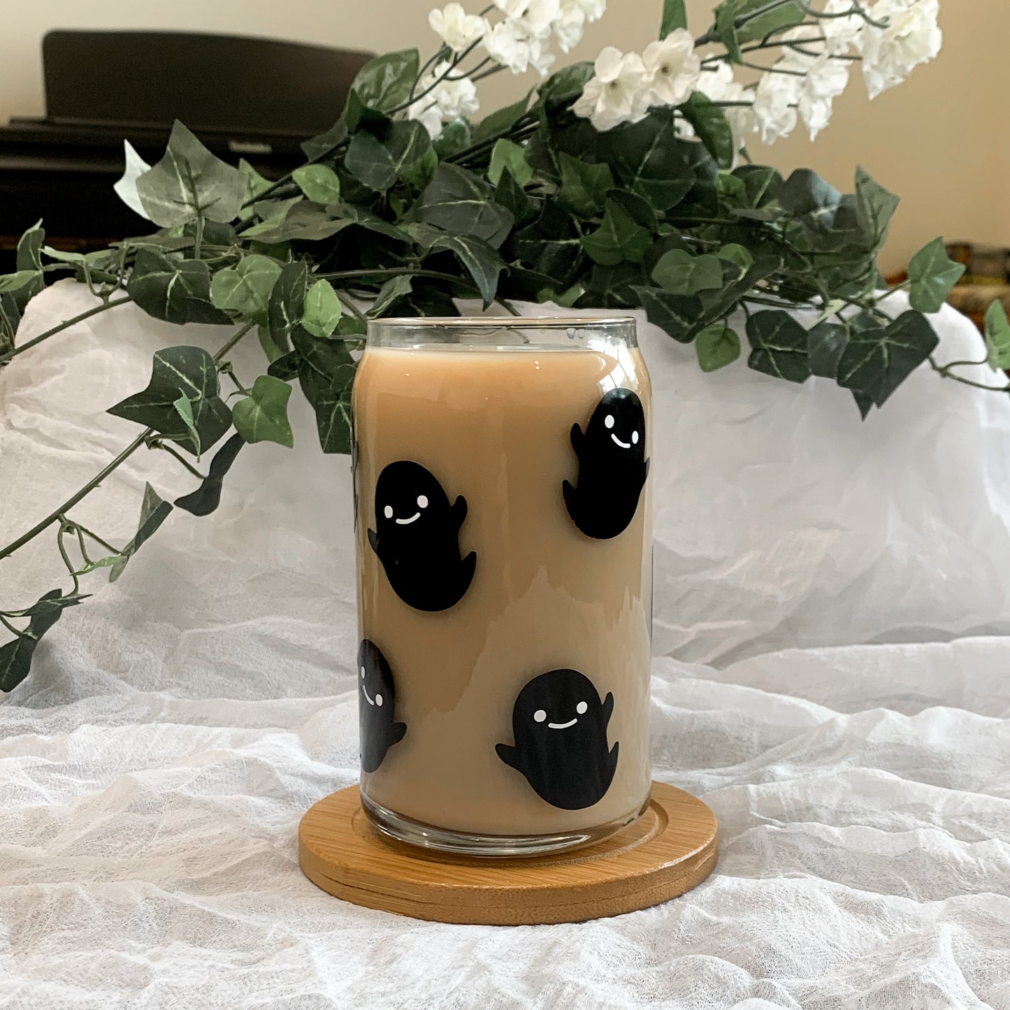 Another angle of the stay spooky glass showcasing how the ghosts look when the glass is full of coffee.