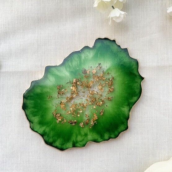 Emerald Green Geode Coaster Set of Two, Luxury Coaster Set, Green and Gold Home Decor, Resin Coaster, Agate Coasters Set, Irregular Shaped