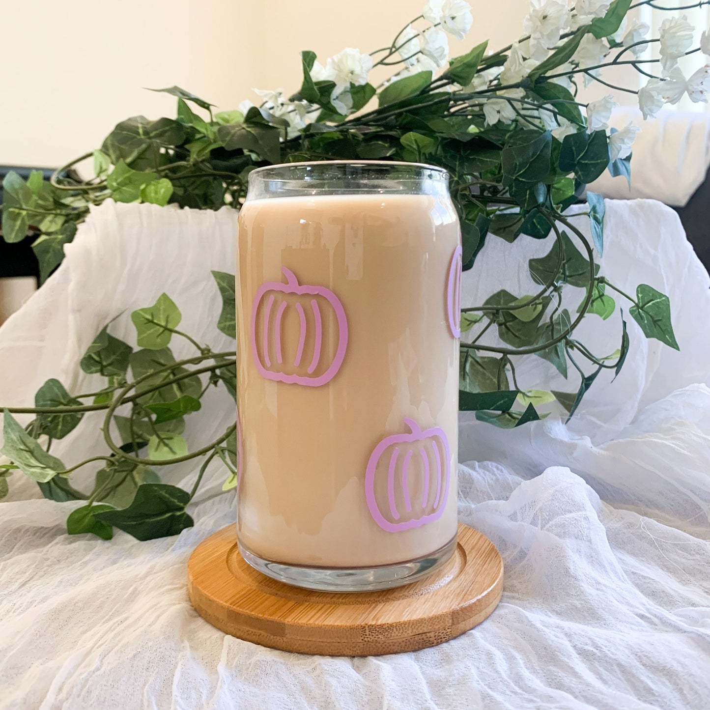 Purple Pumpkin Glass Cup, Lavender Pumpkin, Pastel Halloween Soda Can Glass, Fall Coffee Cup, Iced Coffee Tumbler, Autumn Decor