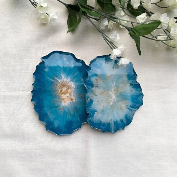 Teal Geode Coaster Set, Resin Coaster Set, Blue Home Decor, Irregular Shaped Coasters, Agate Coasters, Table Decor, Personalized Coaster